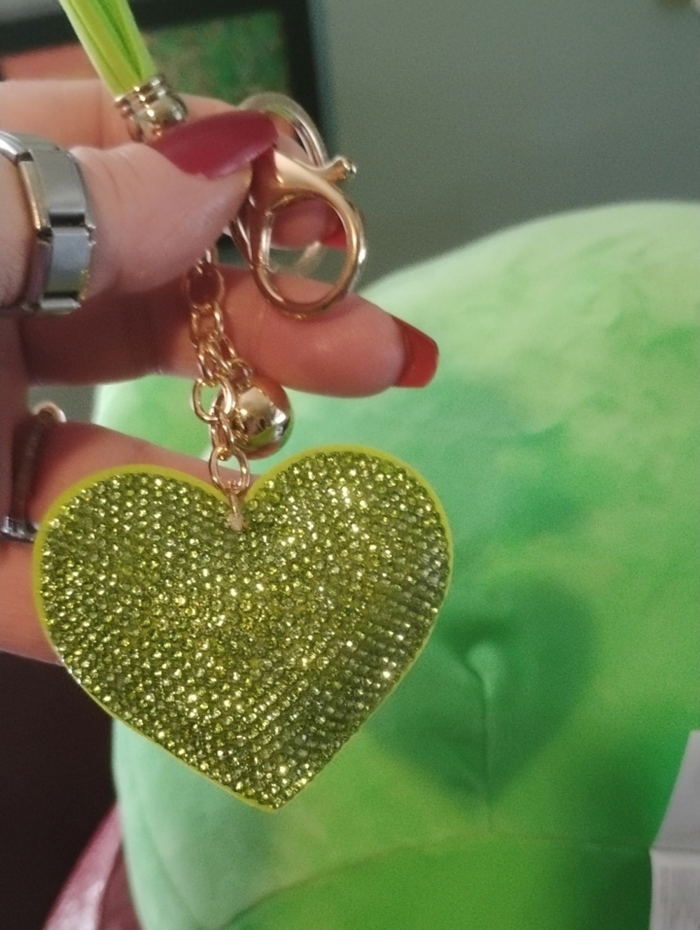 Lime Green Rhinestone Heart Bag Charm Keychain
